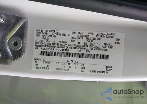 2017 Ford Escape Se from USA, damaged, VIN 1FMCU0G91HUC89184